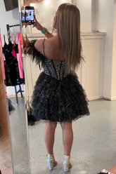 Black Homecoming Dress Beaded Corset Ruffled Short Prom Dress With Feathers